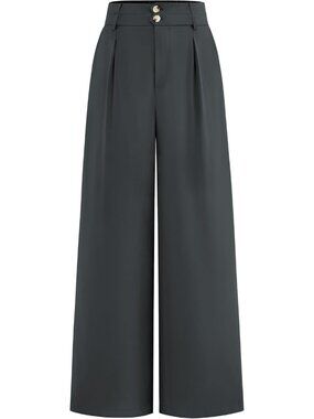 Women's Wide Leg Dress Pants Dark Grey High Waisted Button Trousers Palazzo